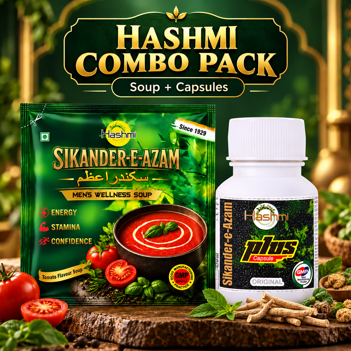 Hashmi Sikander-E-Azam Men's Wellness Soup 10g & Sikander-e-Azam Plus Capsules 10 Count Combo Pack | Traditional Herbal Men's Wellness Formula for Daily Vitality & Wellness Support