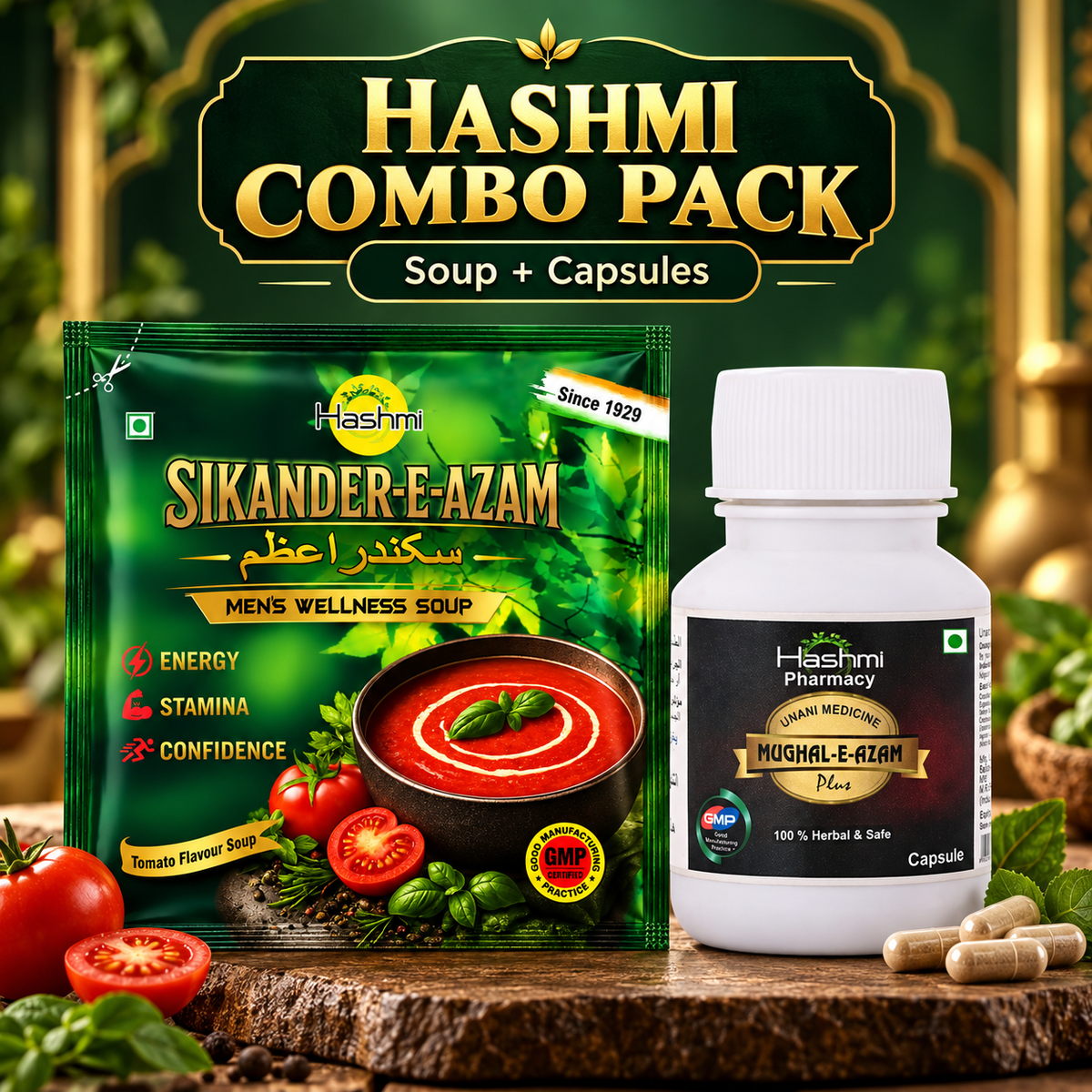 Hashmi Sikander-E-Azam Men's Wellness Soup 10g & Mughal-E-Azam Plus Capsules 10 Count Combo Pack | Traditional Herbal Formulation for Men's Energy, Vitality & Daily Wellness Support